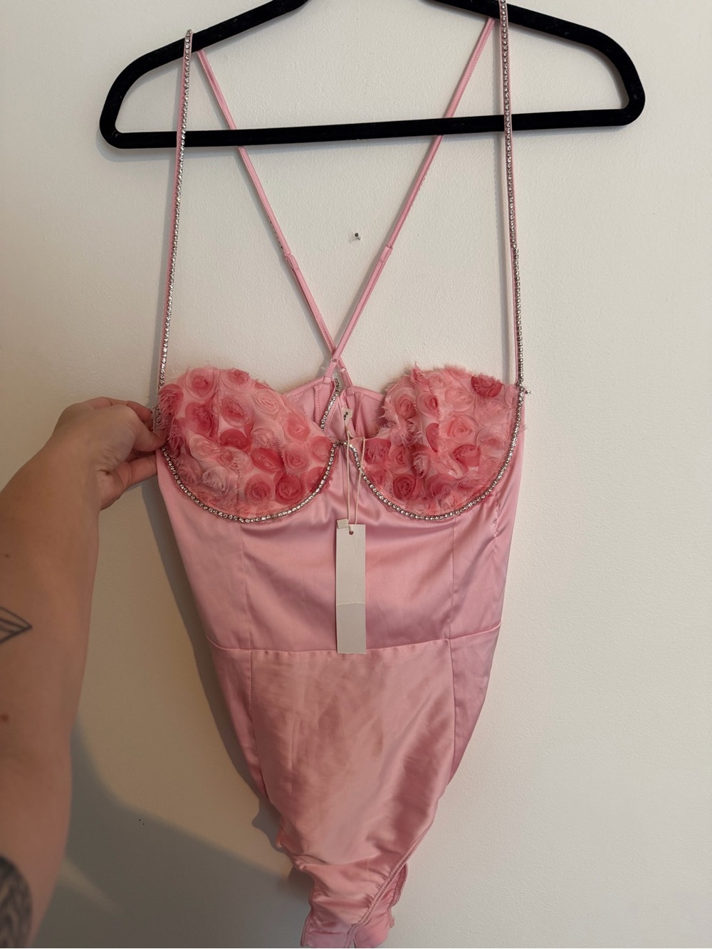 For Love And Lemons Pink Floral Appliqué Satin Bodysuit with Rhinestone Trim